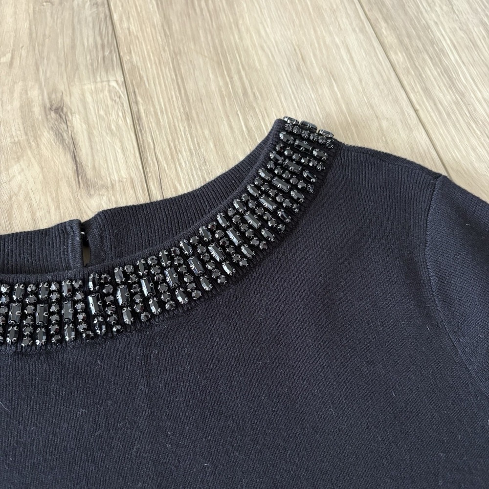 Talbots Black Jeweled Neckline Short Sleeve Knit Top Rhinestone Sweater Large L - Picture 3 of 7